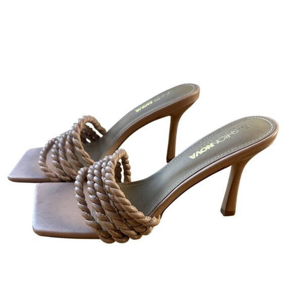 Fashion Nova 8.5 Braided Rope Strap 3" Heel Nude Heeled Sandals Square Toe - Picture 2 of 7